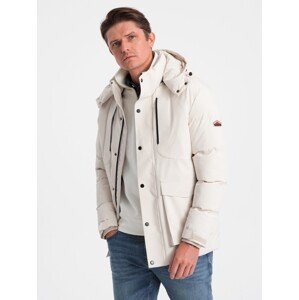 Ombre Men's winter jacket with detachable hood and cargo pockets - cream