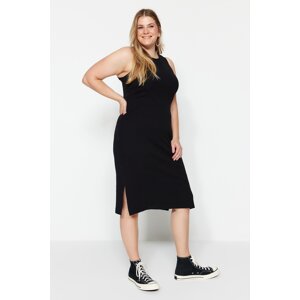 Trendyol Curve Black Ribbed Crew Neck Slit Knitted Dress