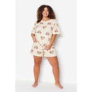 Trendyol Curve Ecru Teddy Bear Printed Cotton Knitted Pajamas Set