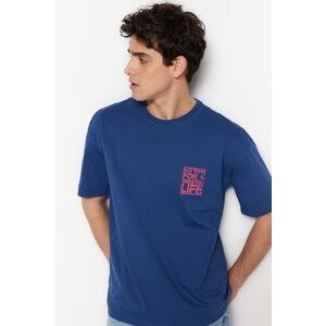 Trendyol Indigo Relaxed Crew Neck Text Printed T-Shirt