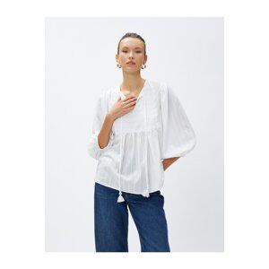 Koton Striped Blouse Balloon Sleeve Tassel Detailed