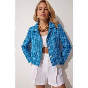 Happiness İstanbul Women's Blue Gold Buttoned Crop Tweed Jacket