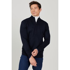 ALTINYILDIZ CLASSICS Men's Navy Blue Standard Fit Normal Cut Stand-Up Bato Collar Patterned Rose Gold Soft Textured Knitwear Sweater
