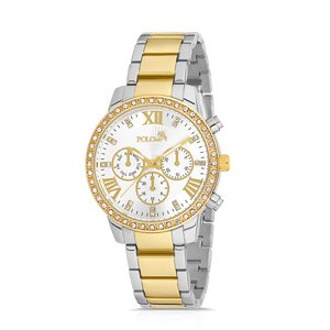 Polo Air Single Row Stone Roman Numeral Women's Wristwatch Silver-Yellow Color