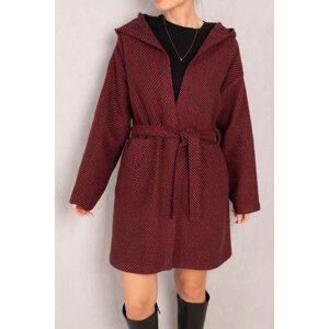 armonika Women's Burgundy Waist Belted Pocket Hooded Oversize Cashmere Coat