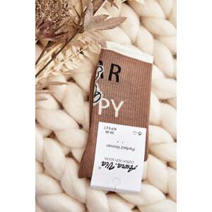 Light brown women's cotton socks with inscription and teddy bear