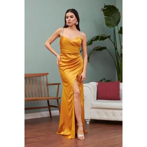 Carmen Saffron Satin Stone Strap Long Evening Dress