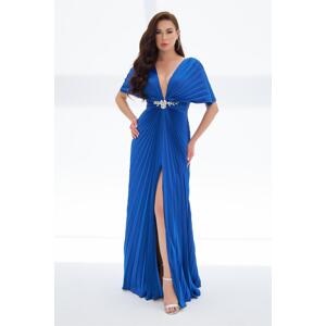 Carmen Sax Plisoley Waist Stone Decollete Long Evening Dress