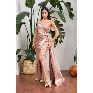 Carmen Gold Satin One-Shoulder Slit Long Evening Dress