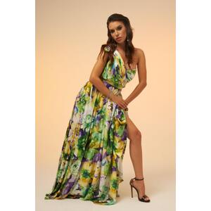 Carmen Green Printed Single Sleeve Long Evening Dress