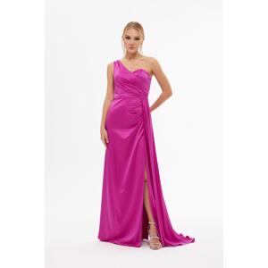 Carmen Fuchsia Satin One-Shoulder Slit Long Evening Dress