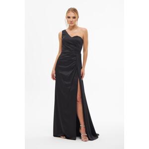 Carmen Black Satin One Shoulder Slit Long Evening Dress