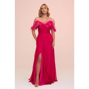 Carmen Fuchsia Chiffon Feathered Slit Long Evening Dress