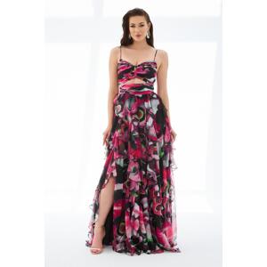 Carmen Fuchsia Printed Decollete Decollete Long Slit Evening Dress