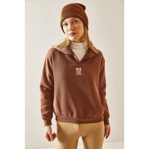 XHAN Tan Stand Collar Zippered & Raised Sweatshirt