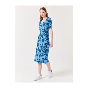 Jimmy Key Navy Blue U-Neck Short Sleeve Floral Patterned Midi Dress