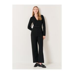 Jimmy Key Black V-Neck Long Sleeve Belted Stylish Jumpsuit