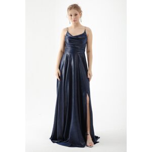 Lafaba Women's Navy Blue Stone Strap Draped Flared Cut Long Evening Dress