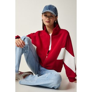 Happiness İstanbul Women's Red Block Color Zippered Ribbed Sweatshirt