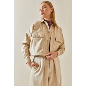 XHAN Beige Snap Buttons Leather Crop Shirt