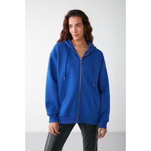 GRIMELANGE Alena Women's Kangaroo Pocket Oversize Basic Kangaroo Pocket Saks Blue Sweatshirt