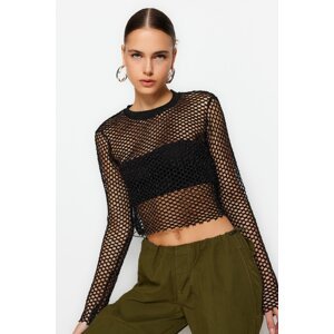 Trendyol Black Lurex Mesh Relaxed Cut Crew Neck Crop Knitted Blouse