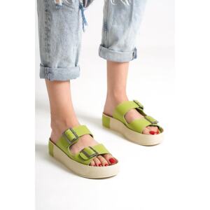 Capone Outfitters Capone Double Straps Belt with Buckle Pistachio Wedge Heels Pistachio Women's Slippers.