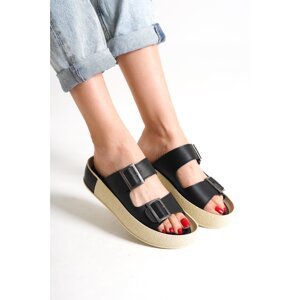 Capone Outfitters Capone Double Straps Belt with Buckle and Colorful Detailed Wedge Heel Women Black Women's Slippers.