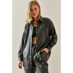 XHAN Black Single Pocket Leather Shirt with Snap Fastener