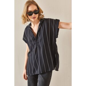 XHAN Black Striped Polo Neck Oversized Shirt