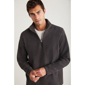 GRIMELANGE Hayes Men's Fleece Half Zipper Leather Accessory Thick Textured Comfort Fit Sweatshirt