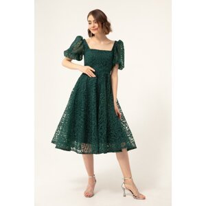 Lafaba Women's Emerald Green Balloon Sleeve Silvery Midi Evening Dress