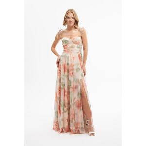 Carmen Orange Printed Slit Long Evening Dress