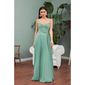 Carmen Çağla Chiffon Pleated Long Evening Dress with Beaded Waist