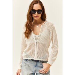 Olalook Women's Ecru Hooded Zippered Mesh Cotton Knitwear Cardigan