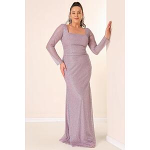 By Saygı Square Neck Lined Plus Size Long Dress with Cut Stones