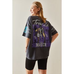 XHAN Anthracite Crew Neck Back Printed Oversize T-Shirt 4KXK1-47898-36