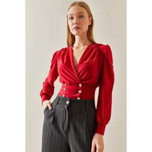 XHAN Red Double Breasted Collar Watermelon Cufflinks Blouse