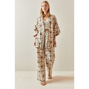 XHAN Khaki Patterned Wide Leg Linen Kimono Suit