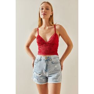 XHAN Red V-Neck Lace & Strappy Crop Blouse
