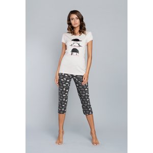 Pyjamas Dima with short sleeves, 3/4 pants - ecru print/dark melange