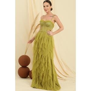 By Saygı Bead Rope Strapless Strapless Handkerchief Fringed Lined Long Tulle Dress