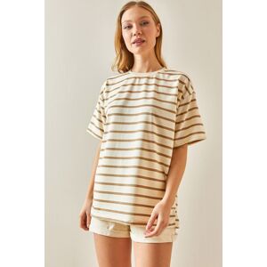 XHAN Mink Striped & Crew Neck Oversize T-Shirt