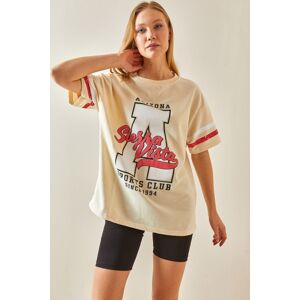 XHAN Cream Crew Neck Front Printed Oversize T-Shirt