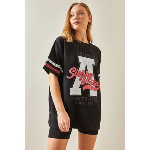 XHAN Black Crew Neck Front Printed Oversize T-Shirt