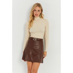 Cool & Sexy Women's Brown Buckled Faux Leather Mini Skirt