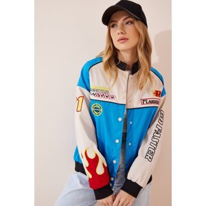 Happiness İstanbul Women's Blue Racing Patched College Bomber Coat