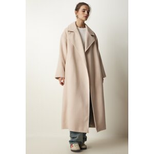 Happiness İstanbul Women Beige Premium Double Breasted Collar Woolen Long Cachet Coat