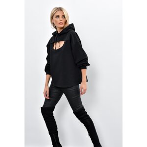 Cool & Sexy Women's Black With Window Front Hooded Sweatshirt Yi1669