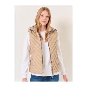 Jimmy Key Beige Hooded Zippered Pocket Puffer Vest Coat